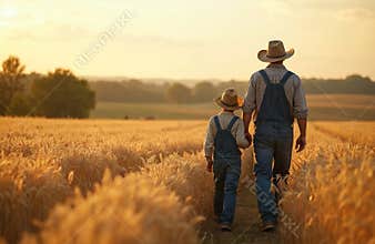 Farmer son walk gold wheat field. Father holds hand, wearing cowboy hats. Warm sunset light, rural idyllic scene of agriculture,
