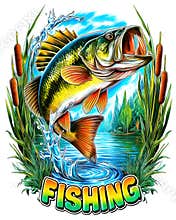 Fish jumping out of the lake. Illustrated Fishing logo design isolated on white background. Generative Ai