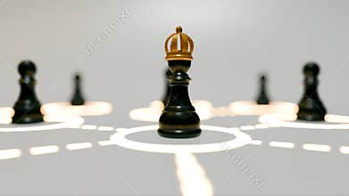 A chess pawn with a golden crown and surrounded by other pawns on glowing circles