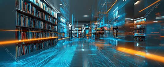 The futuristic library showcasing shelves filled with books and digital enhancements. AI generated image