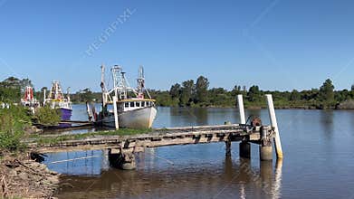 Fishing boats moor on Macleay River New South Wales Australia