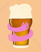 Beer glass with foam being hugged by two pink arms on peach background. Modern art design. Flat folk design. Concept of beer love