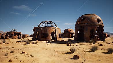 Post-Apocalyptic Desert Domes: Ruined Structures Under a Vast Blue Sky