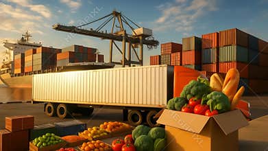 Cargo truck and shipping containers at port with fresh vegetables and bread in foreground