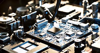 Glowing Blue Circuit Board Under Microscope: Precision in Technology