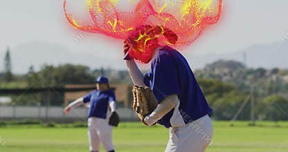 Lifting gaze skyward baseball pitcher crouching on mound generating swirl expressing exhaustion