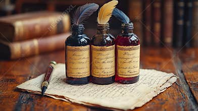 Three bottles of ink sit on a table next to a pen and a stack of books