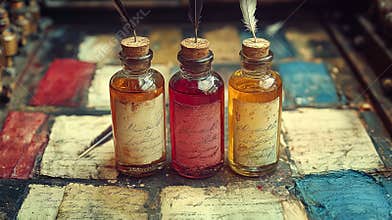 Three small bottles of liquid with cork stoppers sit on a table