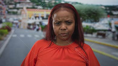 Woman with red hair wearing red blouse frowns and furrows brow while standing on busy city street; frustration