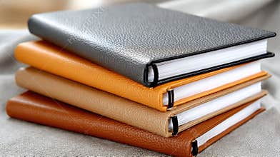 Four hardcover books in vibrant colors are stacked together, showcasing their textures against a gray background