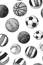 Seamless pattern of hand drawn sport balls representing various team games including basketball, volleyball, soccer and