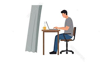 Man Working on Laptop at Desk with Coffee by Window Illustration