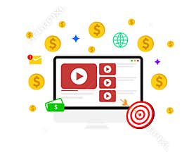 Video monetization and earning through ads concept with computer screen