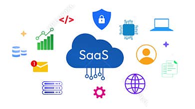 Modern SaaS Technology Animation Featuring Cloud Computing, Data Analytics, Cybersecurity,