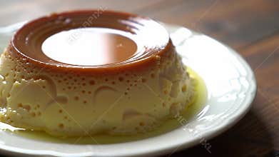 Delicious Golden Egg Custard Flan with Smooth Caramel Top on White Plate and Rustic Wooden Table Close Up Eye Level Perfect For