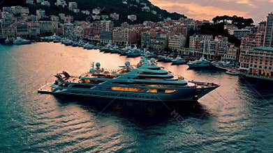 AI-generated luxury yacht glowing at sunset docked near coastal city with many anchored yachts
