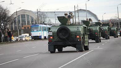 Military transport in city streets