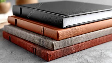 Four hardcover books in vibrant colors are stacked together, showcasing their textures against a gray background