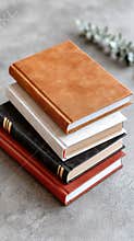 Four hardcover books in vibrant colors are stacked together, showcasing their textures against a gray background