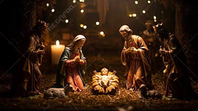 Nativity Scene Nativity Scene with Baby Jesus Mary Joseph and Wise Men in Warm Candlelit Stable Scene