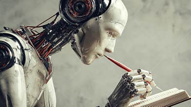 Robot Engaged in Thoughtful Reading While Taking Notes in a Modern, Minimalistic Environment