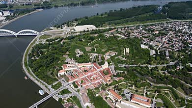 Drone areal shot of Petrovaradin fortress on the Danube River bank across from Novi Sad. Serbia