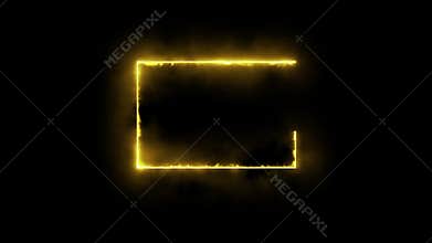 Illuminated golden rectangle frame with smoky edges on a stark black background creating contrast