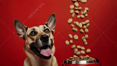 Happy dog anticipating treats as falling snacks form delightful pattern on vibrant red background