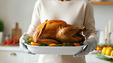 Chef presenting a goldenbrown roasted turkey surrounded by vegetables in a cozy kitchen setting
