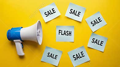 A blue-and-white megaphone next to sale announcements against a yellow background.