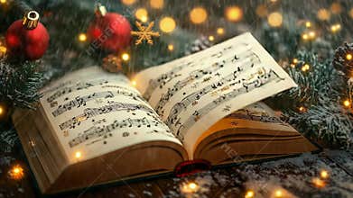 Open book showing christmas music notes with festive decorations
