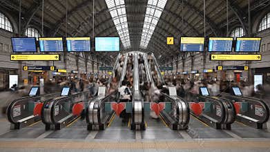 Dynamic Commuters Navigating Bustling Train Station Escalators and Information Boards in a Grand Urban Hub