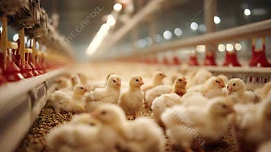 Brood chickens poultry farm soft litter against background poultry farming equipment. Poultry lighting feeding systems