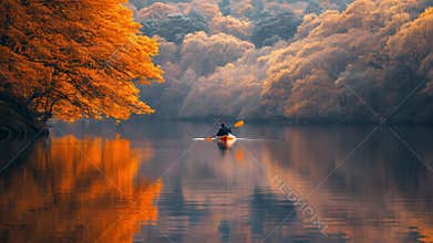 Serene autumn scene featuring a lone kayaker gliding through calm waters. Vibrant fall foliage reflects beautifully in the
