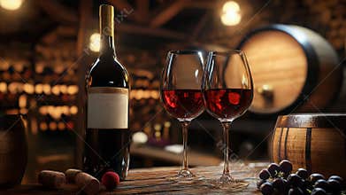 Wine tasting in cellar, bottle and glasses with grapes and barrels