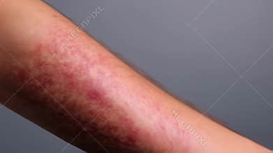 Side view of arm with patchy hives flaring in bright crimson illuminating the skin beneath then diminishing in color and