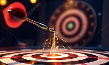 A dart hits the bullseye on a dartboard, surrounded by sparks, symbolizing success