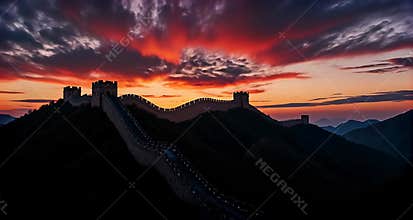 Majestic Great Wall of China at Sunset: A Timeless Symphony of Nature and History