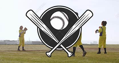 Softball teammates on field receiving lob and executing clockwise drill with stylized bat overlay