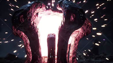 Dynamic Ancient Pillars Bathed in Mystical Glowing Light with Energetic Particles