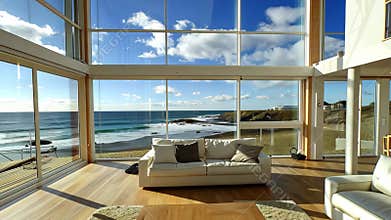 Bright and airy living room features large windows providing stunning views of the