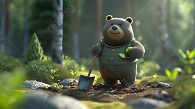 Cartoon bear planting a tree in a lush forest