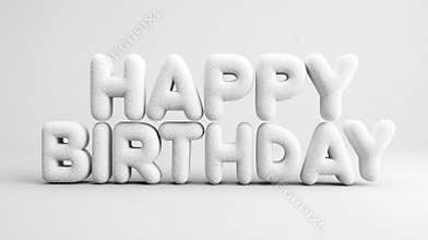 Textured white "Happy Birthday" balloon-style letters on light background.