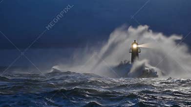 AI-generated lighthouse withstands raging storm waves crash violently, beacon shining through a sea