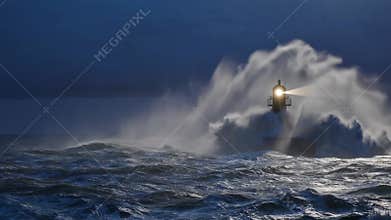 AI-generated lighthouse withstands raging storm waves crash violently, beacon shining through a sea