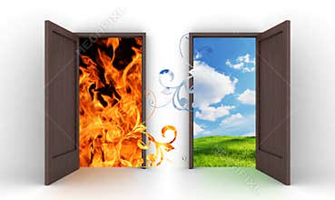 Opened doors into blue sky and fire