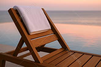 Wooden lounge chair with white towel by infinity pool overlooking calm ocean at serene sunset, AI Generative