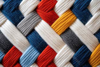 Colorful woven wool yarn pattern with red, blue, yellow, gray, and white fibers in a textured interlaced braided design, close up