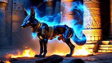 Ancient Egyptian mythical god Anubis in the form of a black jackal