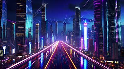 A futuristic cyberpunk night city as it appears at night.